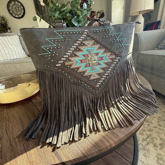 NWOT Montana West Charcoal and Turquoise Embellished Fringe Tote Bag - Picture 13 of 13